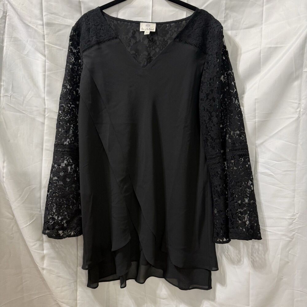 Hot in Hollywood Black Georgette Crossover Blouse Bell Sleeve Lace Large Chic